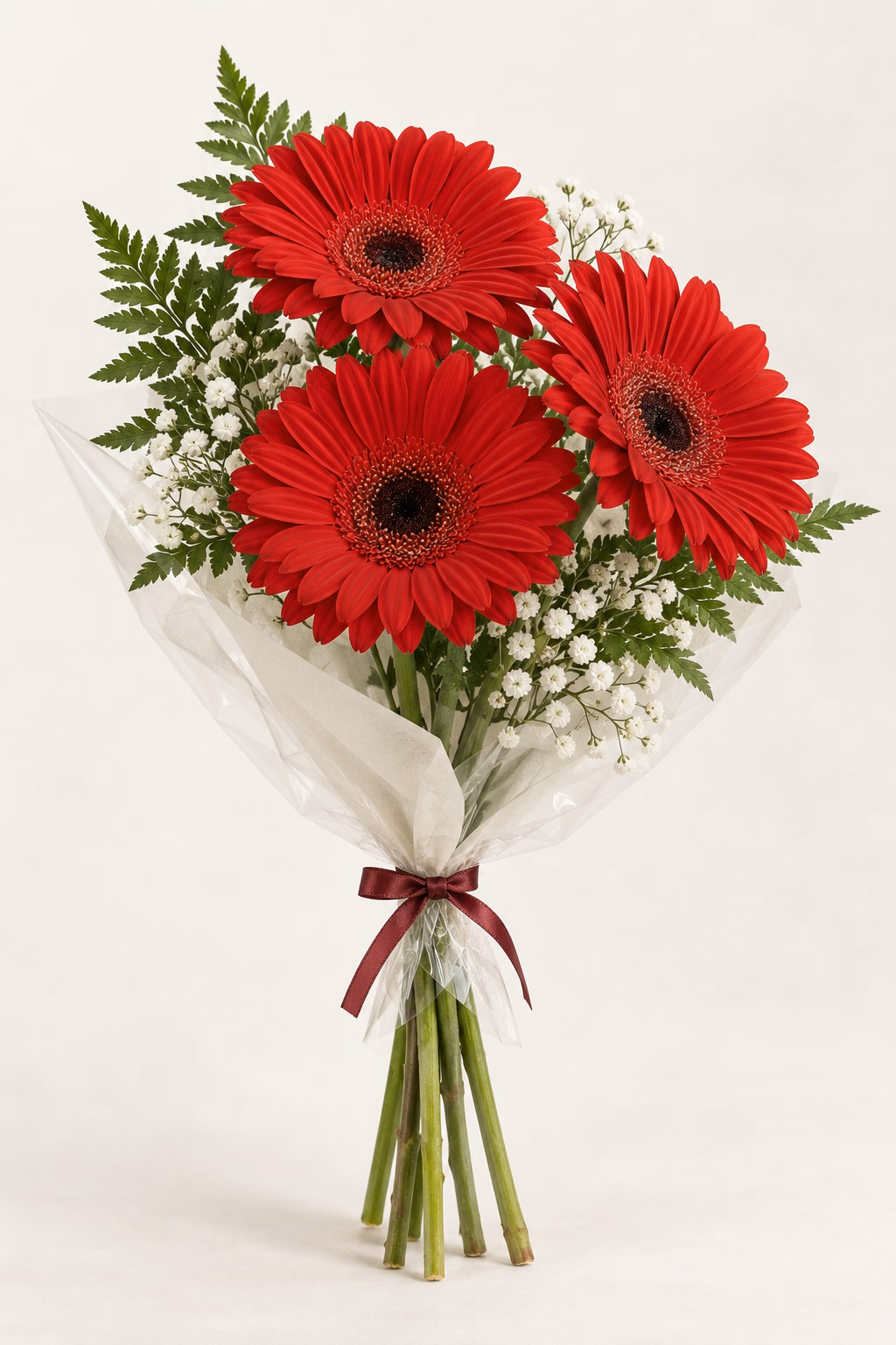 Ruby Fold 3-Gerbera Bouquet: Three red gerberas, leatherleaf fern and white baby's breath. Traditionally hand-tied in simple tissue and clear wrapping with a coordinating ribbon.