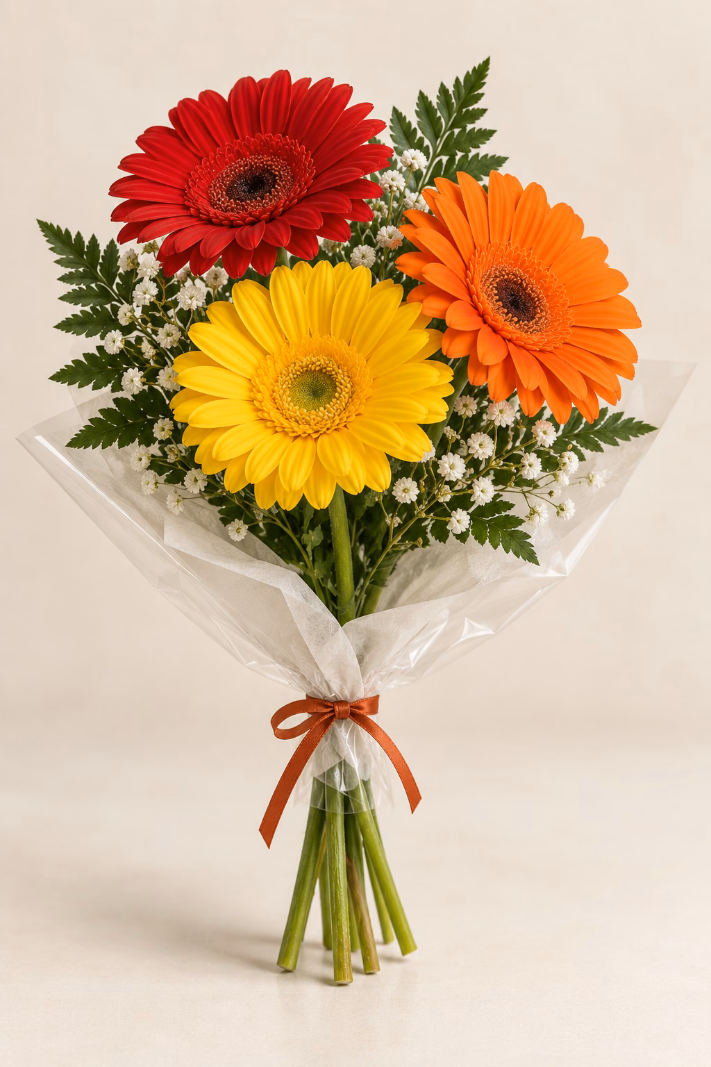 Sunset Walk 3-Gerbera Bouquet: One red gerbera, one orange gerbera, one yellow gerbera, leatherleaf fern and white baby's breath. Traditionally hand-tied in simple tissue and clear wrapping with a coordinating ribbon.