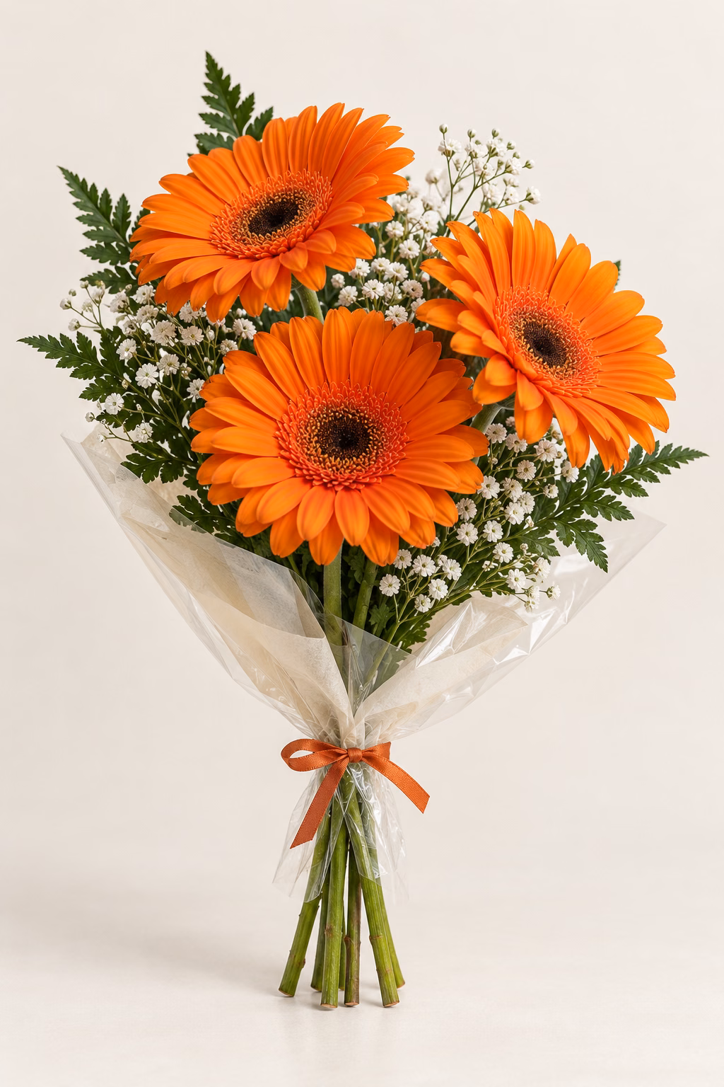 Tangerine Fold 3-Gerbera Bouquet: Three orange gerberas, leatherleaf fern and white baby's breath. Traditionally hand-tied in simple tissue and clear wrapping with a coordinating ribbon.