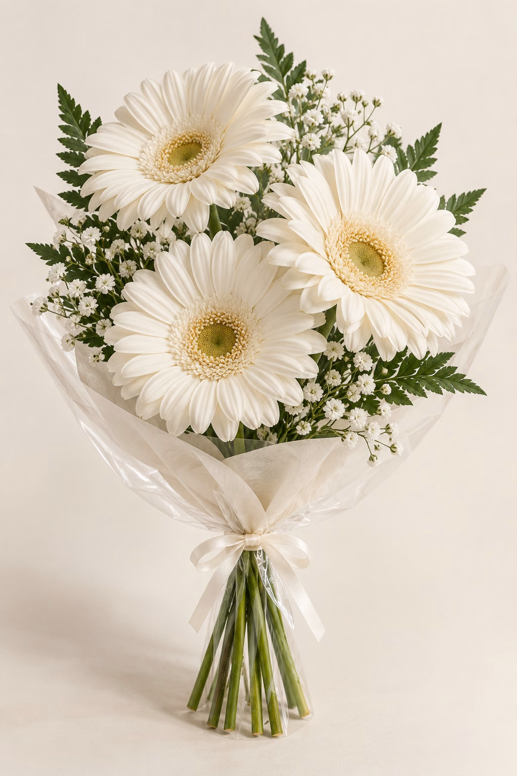 White & Sage 3-Gerbera Bouquet: Three ivory-white gerberas, leatherleaf fern and white baby's breath. Traditionally hand-tied in simple tissue and clear wrapping with a coordinating ribbon.