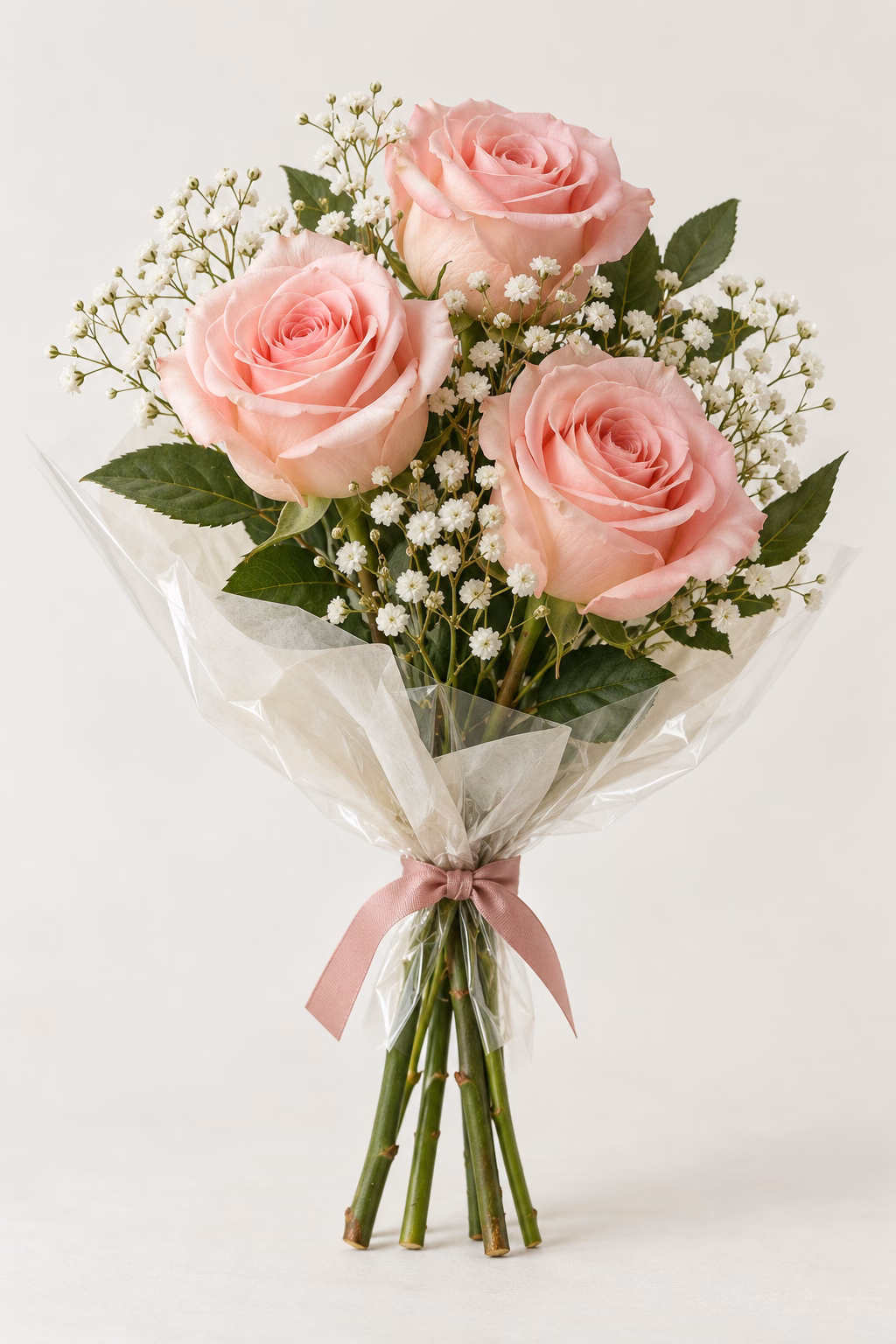 Blush Note 3-Rose Bouquet: Three blush-pink roses, white baby's breath and greenery. Traditionally hand-tied in simple tissue and clear wrapping with a coordinating ribbon.