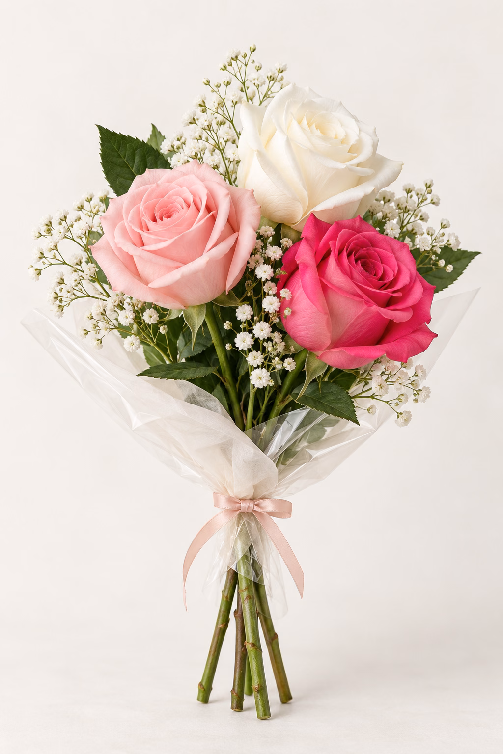 Candy Rose 3-Rose Bouquet: One blush-pink, one white and one hot-pink rose, white baby's breath and greenery. Traditionally hand-tied in simple tissue and clear wrapping with a coordinating ribbon.