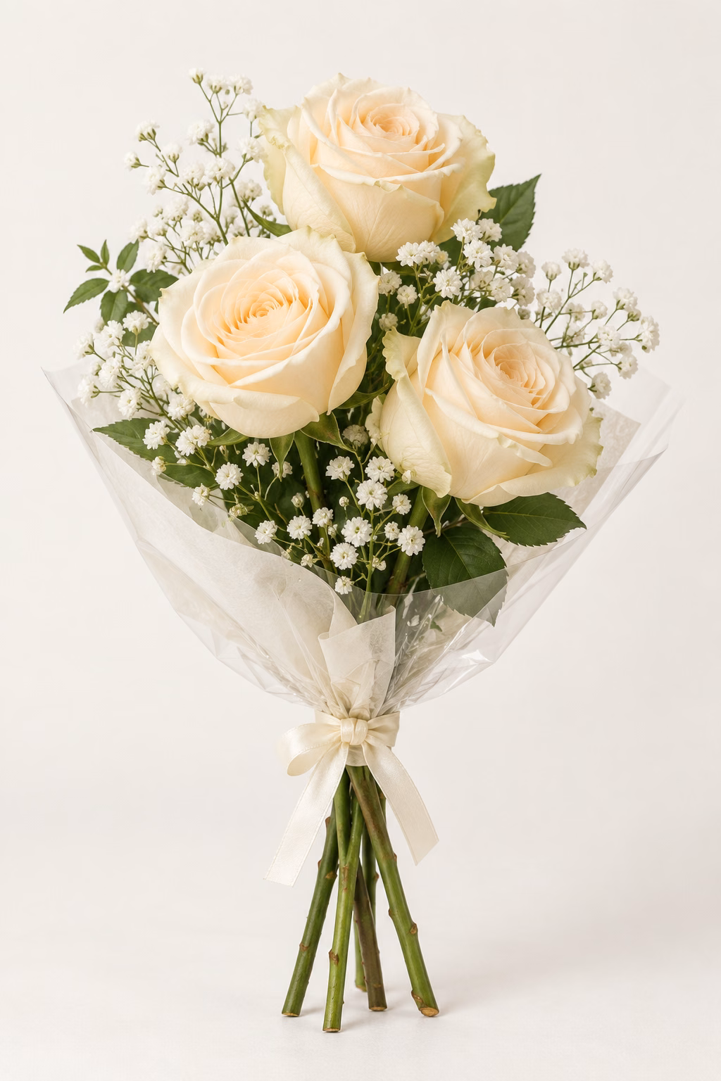Champagne Whisper 3-Rose Bouquet: Three champagne-cream roses, white baby's breath and greenery. Traditionally hand-tied in simple tissue and clear wrapping with a coordinating ribbon.