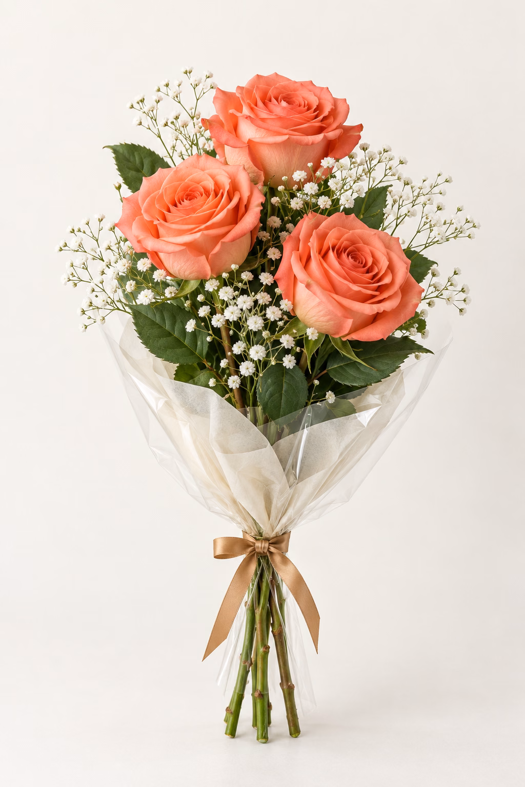 Coral Wish 3-Rose Bouquet: Three coral roses, white baby's breath and greenery. Traditionally hand-tied in simple tissue and clear wrapping with a coordinating ribbon.