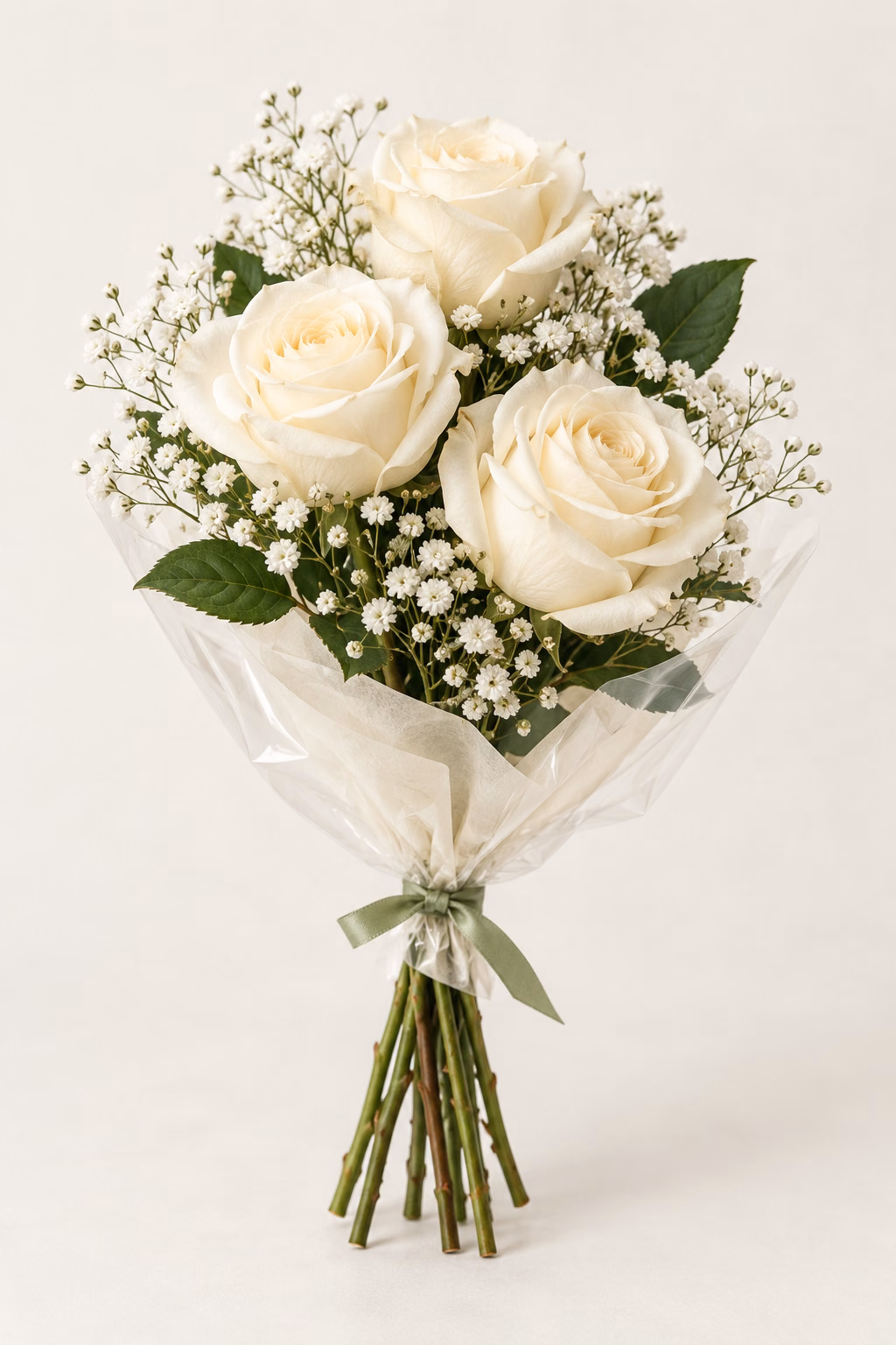 Ivory Promise 3-Rose Bouquet: Three ivory roses, white baby's breath and greenery. Traditionally hand-tied in simple tissue and clear wrapping with a coordinating ribbon.