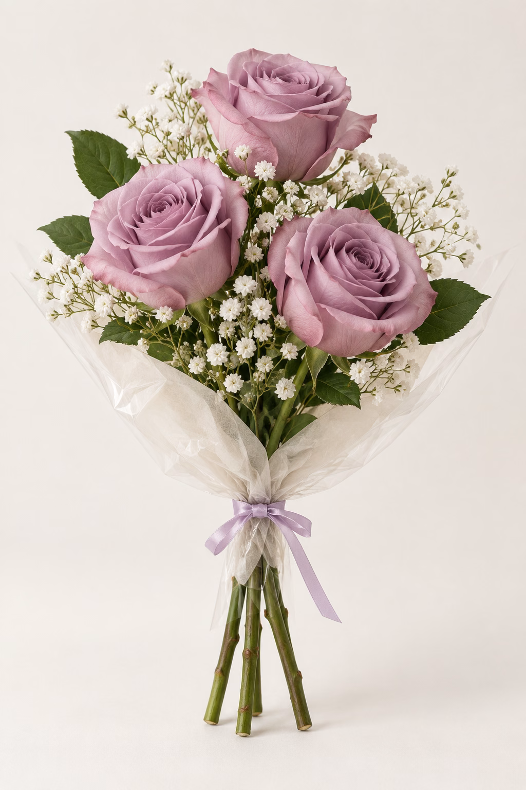 Lavender Letter 3-Rose Bouquet: Three mauve-lavender roses, white baby's breath and greenery. Traditionally hand-tied in simple tissue and clear wrapping with a coordinating ribbon.