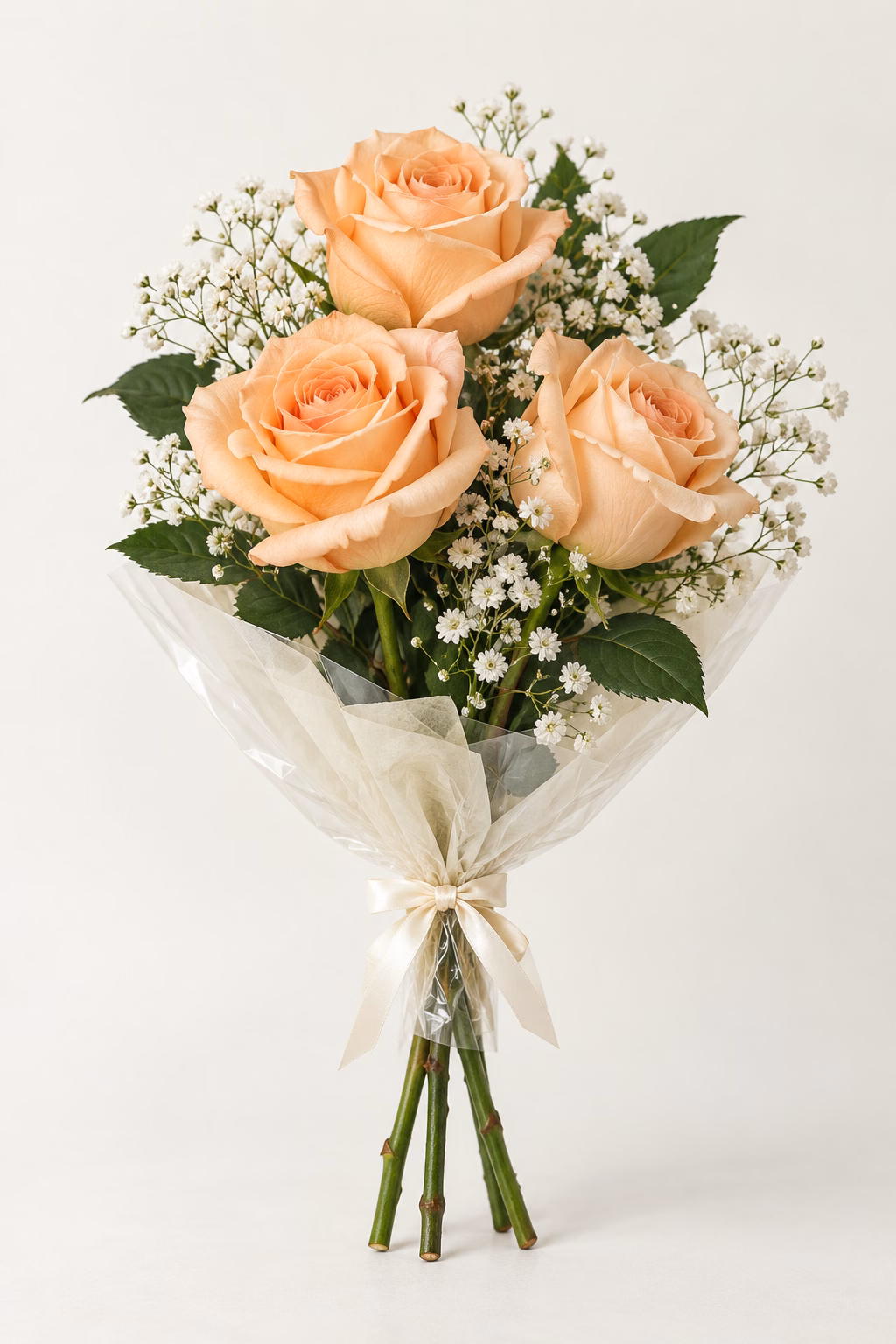 Peach Poetry 3-Rose Bouquet: Three peach roses, white baby's breath and greenery. Traditionally hand-tied in simple tissue and clear wrapping with a coordinating ribbon.