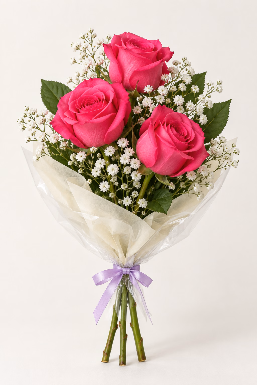 Pink Sonata 3-Rose Bouquet: Three hot-pink roses, white baby's breath and greenery. Traditionally hand-tied in simple tissue and clear wrapping with a coordinating ribbon.