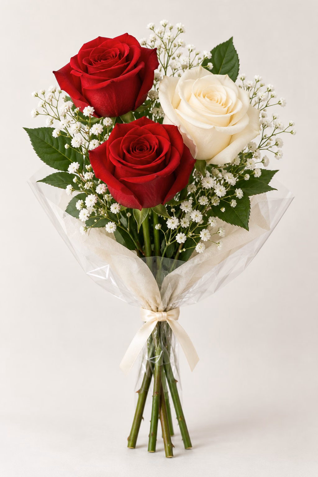 Ruby & Pearl 3-Rose Bouquet: Two deep-red roses and one ivory rose, white baby's breath and greenery. Traditionally hand-tied in simple tissue and clear wrapping with a coordinating ribbon.